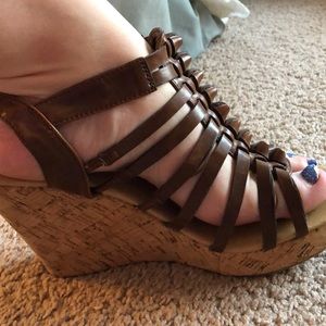 Emergency Exit sz7 5. Brown caged wedge shoes